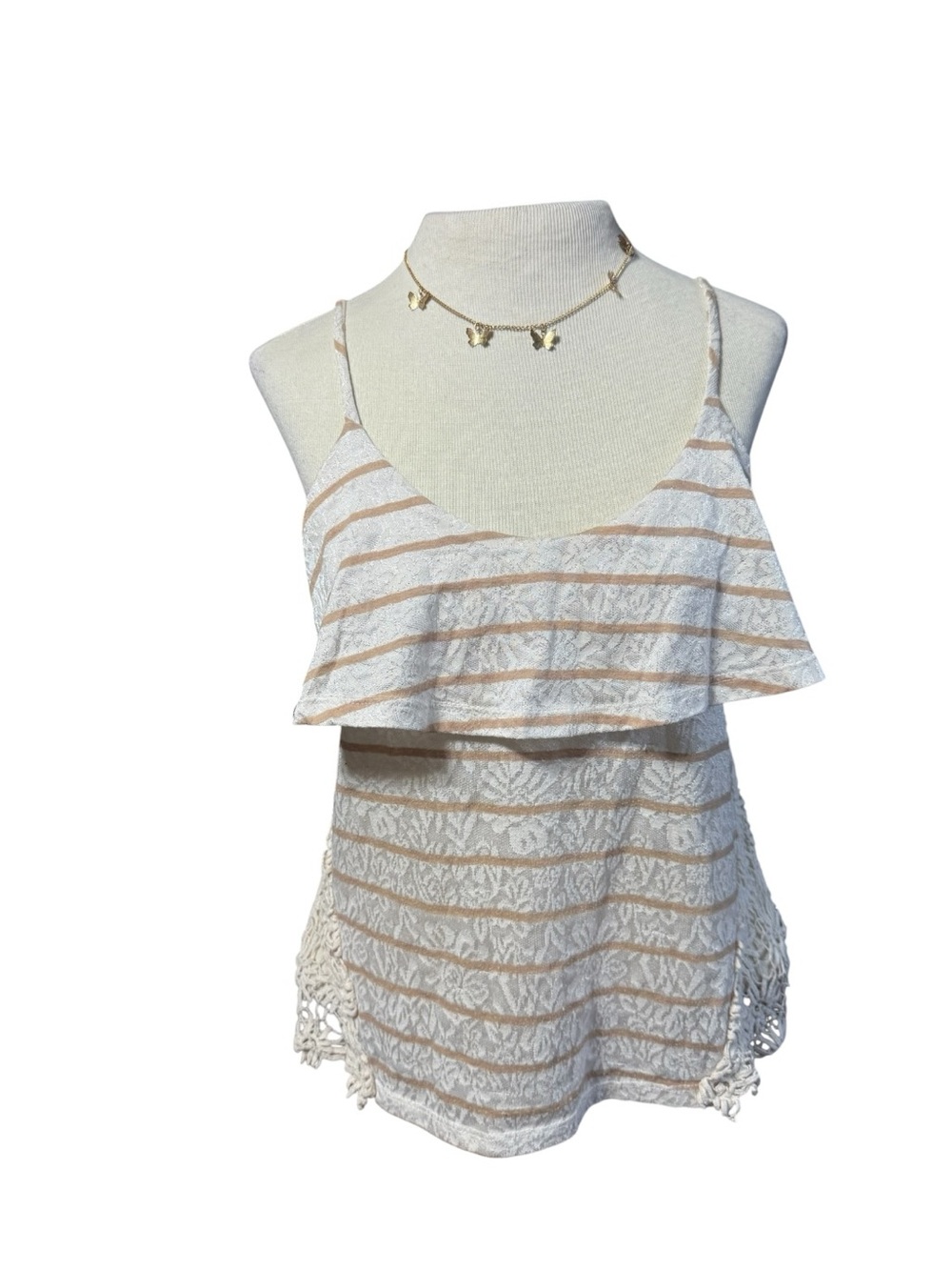 Y2K Rue21 Cream/Tan Striped Lace Ruffle Camisole Cottagecore crochet sheer light